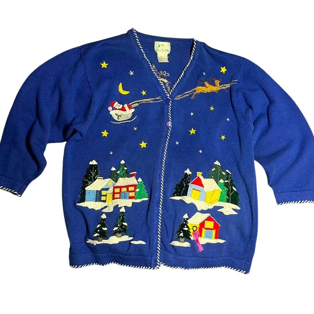 Vtg Quacker Factory Blue Christmas Cardigan Santa Sleigh Reindeer Houses XL